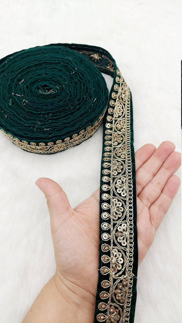 Floral Embroidered Velvet Fabric Sequins Trim Indian Sari Border, Sequin Trimming, Sequinned Lace